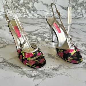 Betsey Johnson Black Silver Floral Rhinestone Strappy Sandals 8